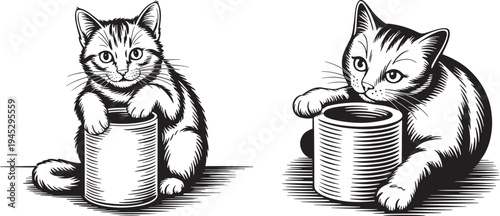 Two cute kittens sitting with cans, black and white sketch style, pet animals, animal lover
