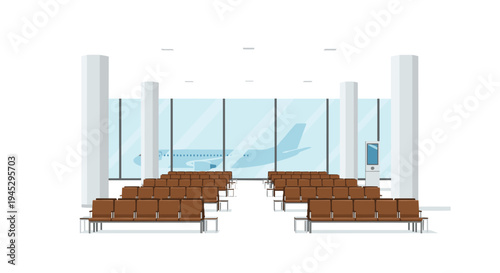 An airport waiting area with brown seats overlooks an airplane through large windows.