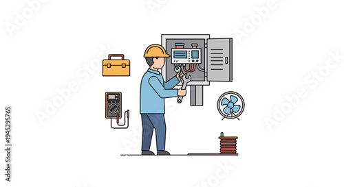 An electrician in a hard hat repairs an open electrical panel with tools.