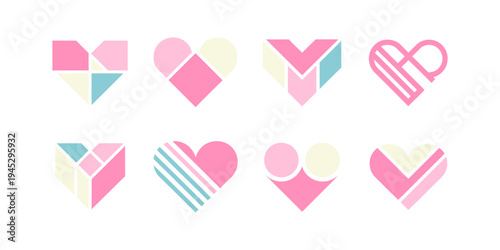 Set of abstract heart icons with colorful pie chart style segments, modern minimal flat vector illustration.