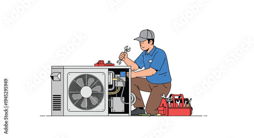 An HVAC technician kneels to service an open air conditioning unit with tools.