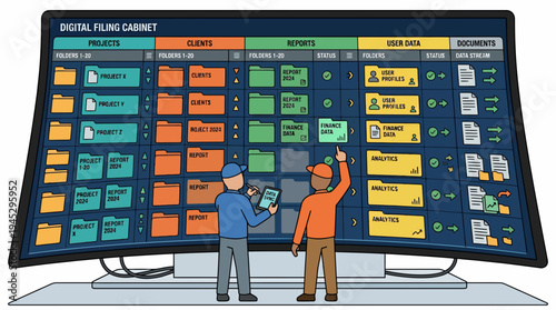 Two Men Examine Digital File Cabinet on Large Monitor, Tablet in Hand, Pointing at Interface