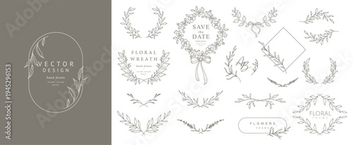 Elegant floral frame set. Hand drawn botanical borders and wreaths with branches and leaves in line art. Vector for wedding invitation, save the date card, logo design, monogram