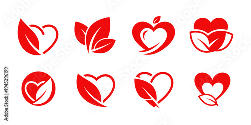 Red heart and leaf logo collection in modern flat vector style. Eco love symbols for healthy lifestyle, organic brands, and wellness design.