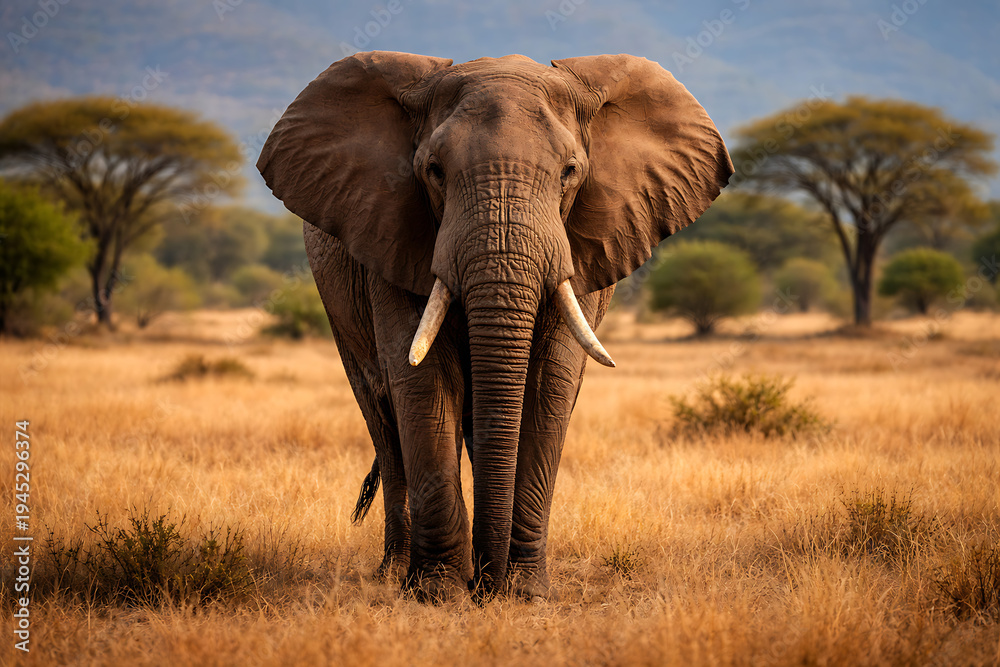 Obraz premium African Elephant Standing in Savanna Grassland with Acacia Trees