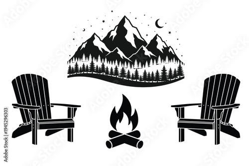 Camping Chairs And Campfire Mountain Landscape Illustration