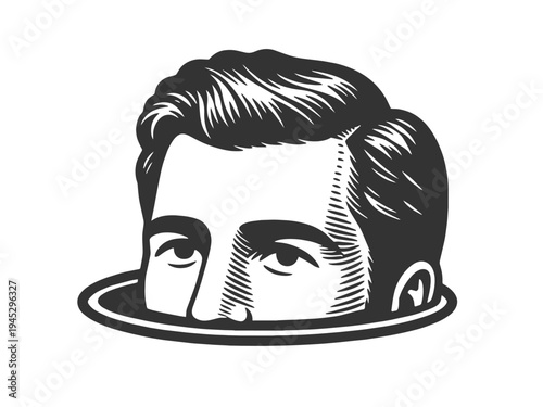 man head emerging from a circular hole, symbolizing curiosity, observation, or hidden presence sketch engraving generative ai fictional character vector illustration. Scratch board. Black and white.
