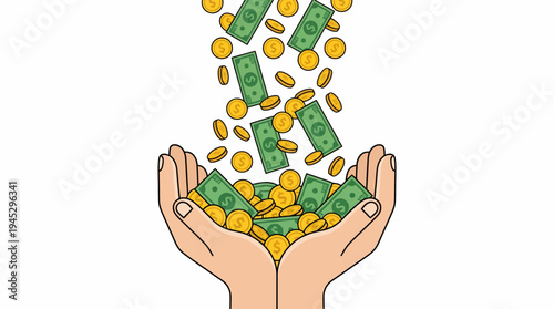 Hands Cradling a Pile of Green Bills and Gold Coins as Money Falls, Cartoon Abundance Scene Showing Prosperity and Business Success