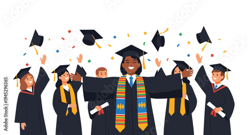 A diverse group of graduates joyfully throws their caps into the air with confetti.
