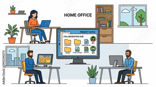 Illustrated Business Women and Men Working in a Home Office with Laptop, Monitor, and Plants, Capturing Natural Indoor Comfort from a Mid-View