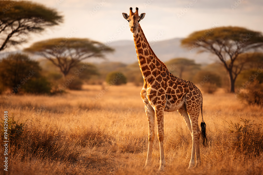 Obraz premium Giraffe Standing in African Savanna Landscape with Acacia Trees at Sunset