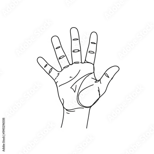 A minimalist line art illustration of a human hand with palm facing forward and fingers spread apart