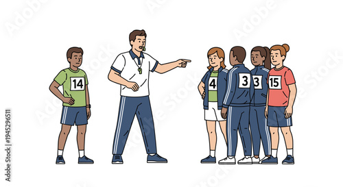 A male coach with a whistle points towards a group of five athletes, while another athlete stands alone.