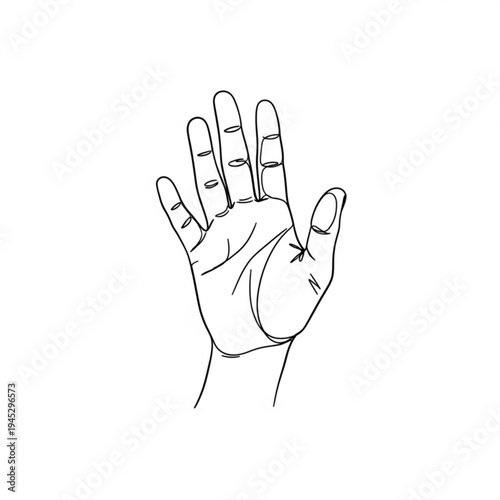 A minimalist line art illustration of a left hand with palm facing forward and fingers spread apart