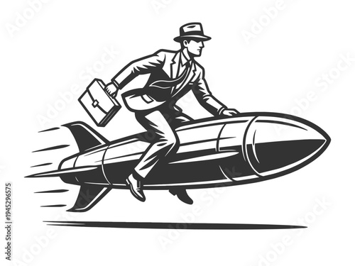 businessman riding a rocket while holding a briefcase, rapid success, ambition, and fast business growth sketch engraving generative ai vector illustration. Scratch board imitation. Black and white.