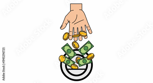 Hand Dropping Coins and Bills into a Bowl, Simple Cartoon Illustration, Clean White Background