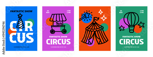Circus poster set with tent, drum, , magic hat, jester's cap. Kids event design. Cirque performance, funny carnival, party banners. Hand drawn doodle vector illustration.