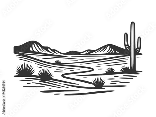 desert landscape with a winding path, cactus, mountains, and sparse vegetation in a minimalist engraving style sketch engraving generative ai vector illustration. Scratch board. Black and white image.