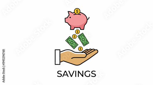 Cartoon hand collecting savings coins from a pink piggy bank in a simple graphic illustration