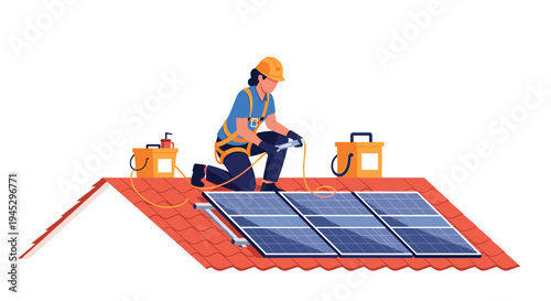 A female worker in a hard hat and harness installs solar panels on a red-tiled roof.