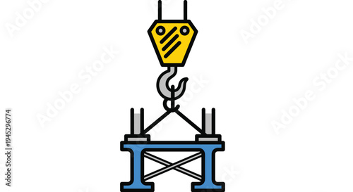 A stylized icon depicts a prominent yellow crane hook, connected to a grey chain, actively lifting a blue and grey structural frame.
