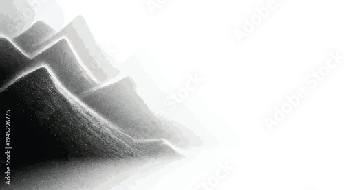 Black and white abstract mountain range with foggy mist isolated on white background
