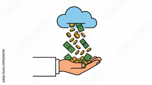 Hand Reaching Upward, Cloud of Money Rains, Abundant Prosperity Coins Illustrated in Cartoon