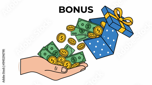 Hand Holds Money, Coins, and Gift Box in Bold Bonus Illustration – Celebrating Abundant Rewards