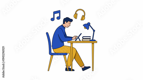 Man working at a desk with laptop, book and headphones, listening to music in a bright white room