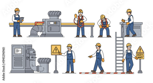 Multiple workers in various industrial settings demonstrate safety protocols and machine operation.