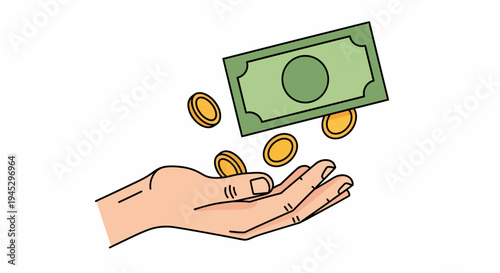 bill and coins hover above in a clean white illustration