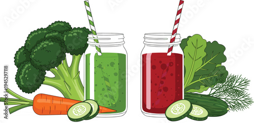 Healthy Green and Red Smoothie Jars with Vegetables and Fresh Ingredients for Nutritious Drink Designs