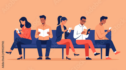 Five People Reading Books and Using Phones on a Bench in a Warm Peach-Background Illustration