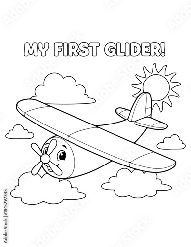Vector illustration of smiling glider plane with sun and clouds, coloring page