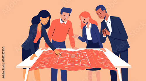Teamwork meeting over architectural plan sparks collaboration and design strategy in a professional office setting
