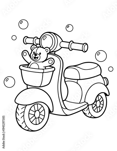 Vector illustration of a teddy bear on a scooter with bubbles