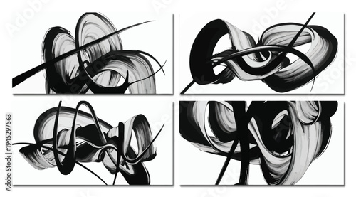 Collage of four abstract black and white artistic compositions with swirling shapes and lines on isolated white background