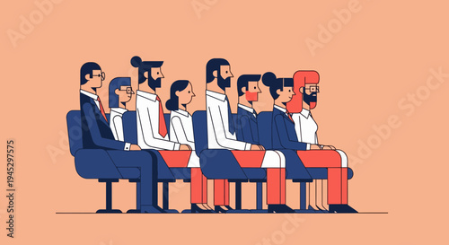 Seven Professionals In Business Meeting Sitting In Row, Facing Right, Cartoon Illustration, Peach Background, Formal Corporate Setting