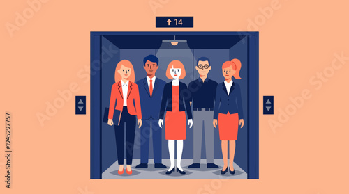 Five Business Professionals Standing in Elevator, Peach‑Colored Office, Cartoon Illustration