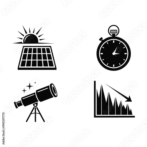 Solar panel generates energy under sun with telescope and stopwatch nearby showing efficiency graph