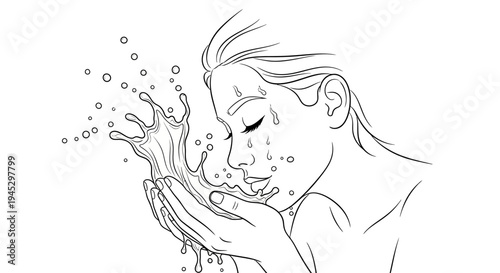 Vector illustration of woman washing face with water isolated on White Background