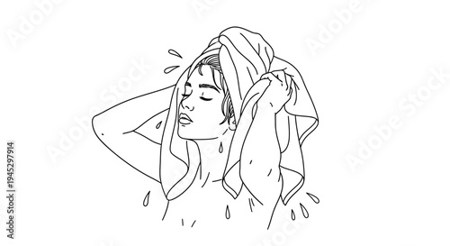 Vector illustration of woman drying hair with towel isolated on White Background
