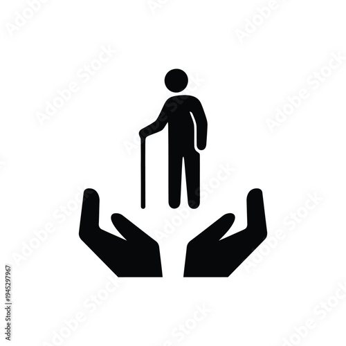 Elderly person with a cane being supported by helping hands.