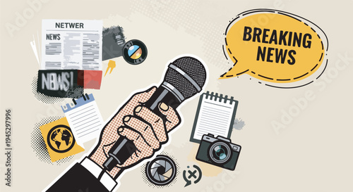 Journalist holding microphone on newspaper collage background eps 10