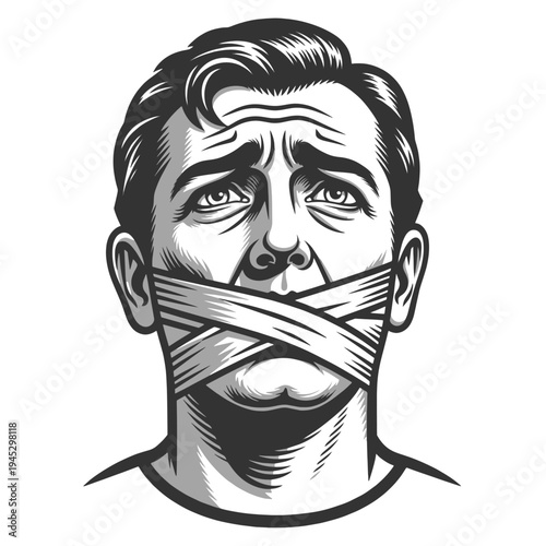 distressed man covering his mouth with cloth, censorship, suppression of speech, fear, and silence sketch engraving vector illustration. Scratch board imitation. Black and white image.