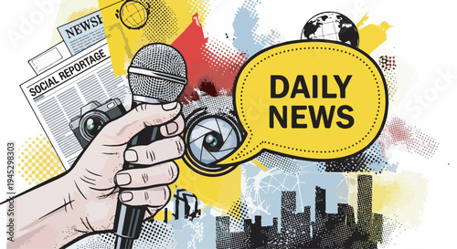 Journalist holding microphone on newspaper collage background eps 10