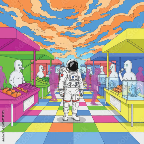 Astronaut Exploring Vibrant Outdoor Market Scene.