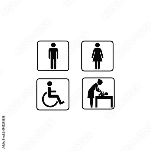 Restroom signs display male, female, wheelchair, and baby changing station icons.