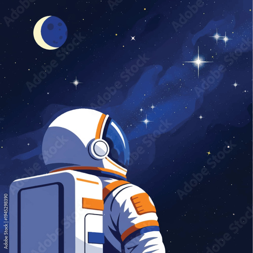 Astronaut in Space Suit Floating Near Moon.