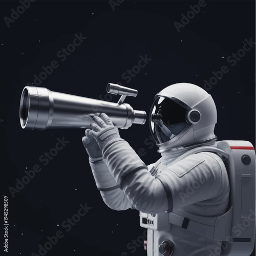 Astronaut in Space Suit Holding Telescope.